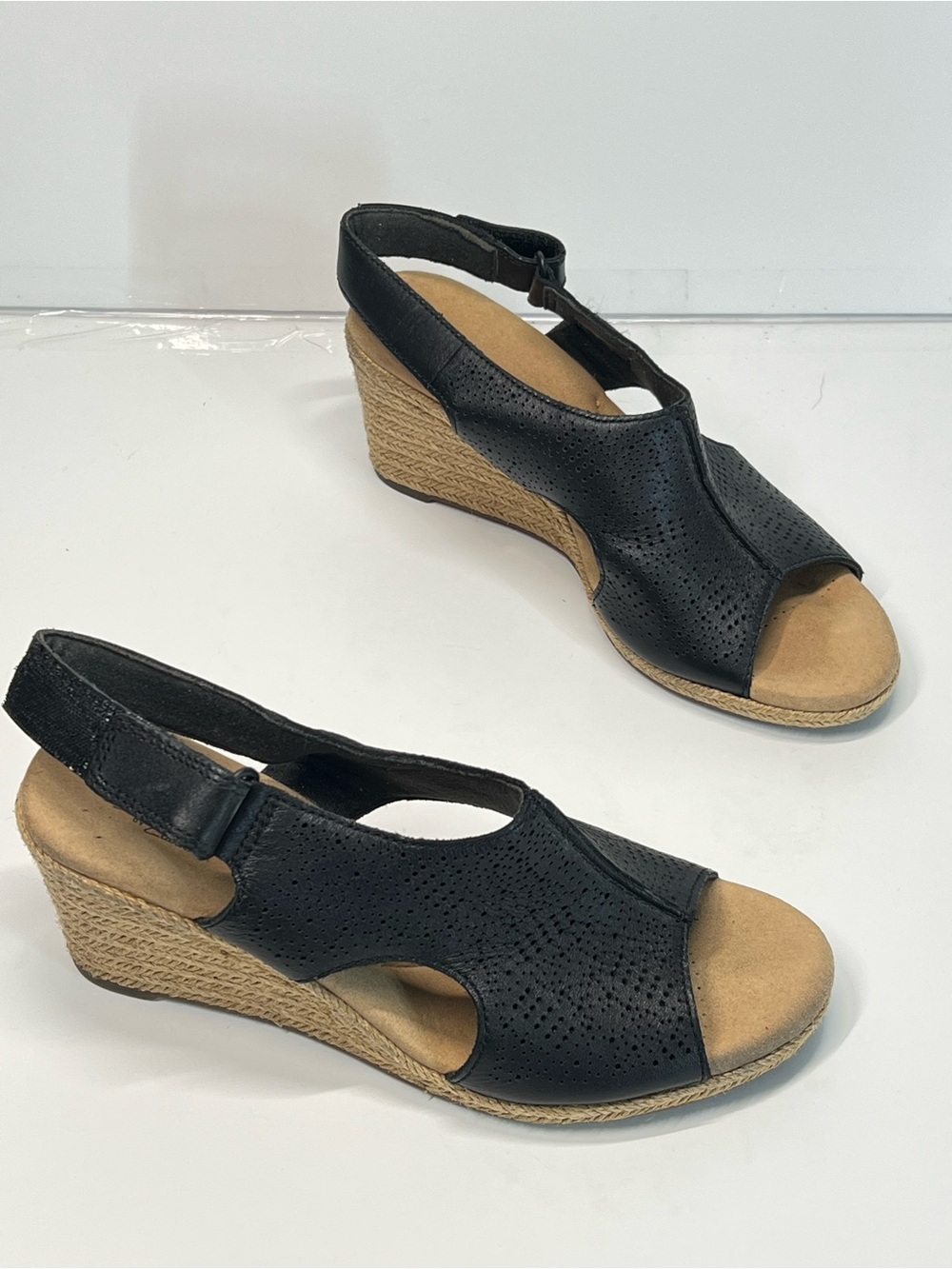 CLARKS 7 Black Perforated Leather Wedge Sandals Comfort Slingback Espadrille